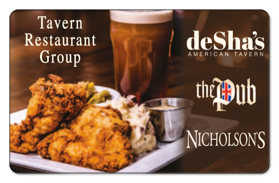 tavern restaurant group logos on a background of fried chicken and a beer